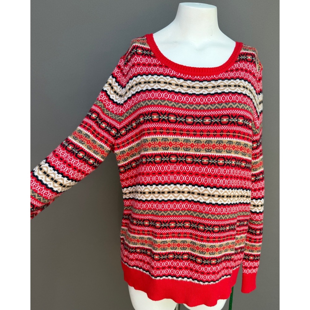 Talbots Plus 1X Red Fair Isle Sweater Cotton Blend Knit Holiday Festive Pullover